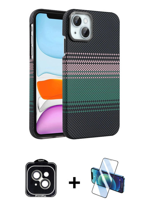 iPhone 14 Kılıf Doruk Serisi - Siyah 3D Antistatik Cam Ekran Koruyucu + Yeşil PVD Metal Kamera