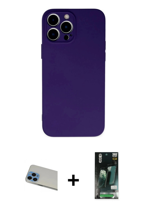 iPhone 13 Pro Max Kılıf Ahenk Serisi - Şeffaf 360 Full Body Arka Koruyucu + Mavi Rainbow Kamera