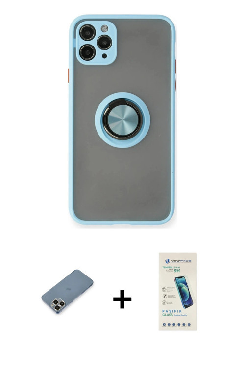 iPhone 11 Pro Max Kılıf Yörünge Çizgi - Şeffaf Pasifik Cam Ekran Koruyucu + Gold Metal Kamera L