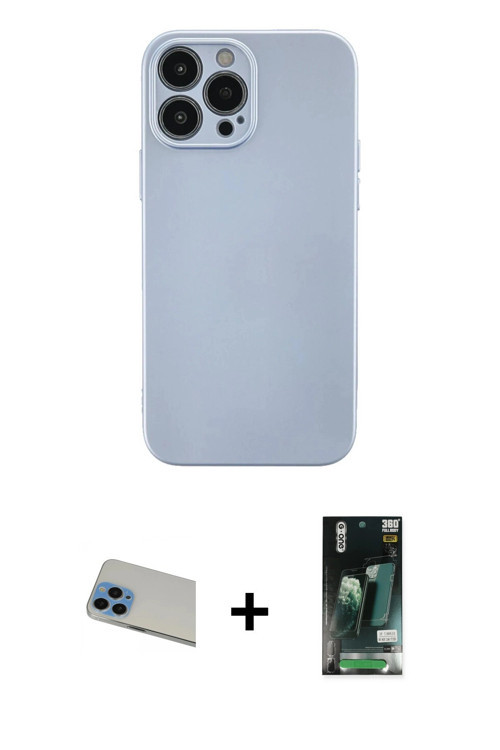 iPhone 13 Pro Max Kılıf Ahenk Serisi - Şeffaf 360 Full Body Arka Koruyucu + Mavi Rainbow Kamera