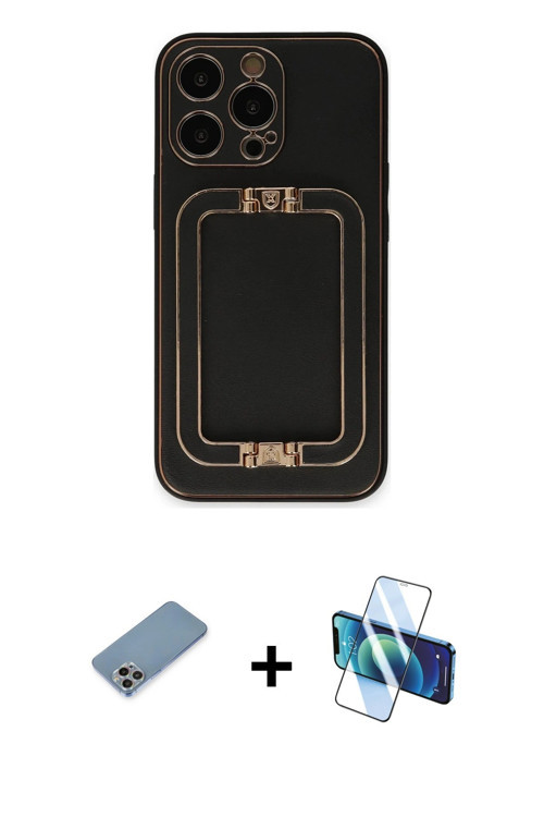 iPhone 13 Pro Kılıf Kozmos Minimal Prime - Siyah 3D Antistatik Seramik Nano Ekran Koruyucu + Gö
