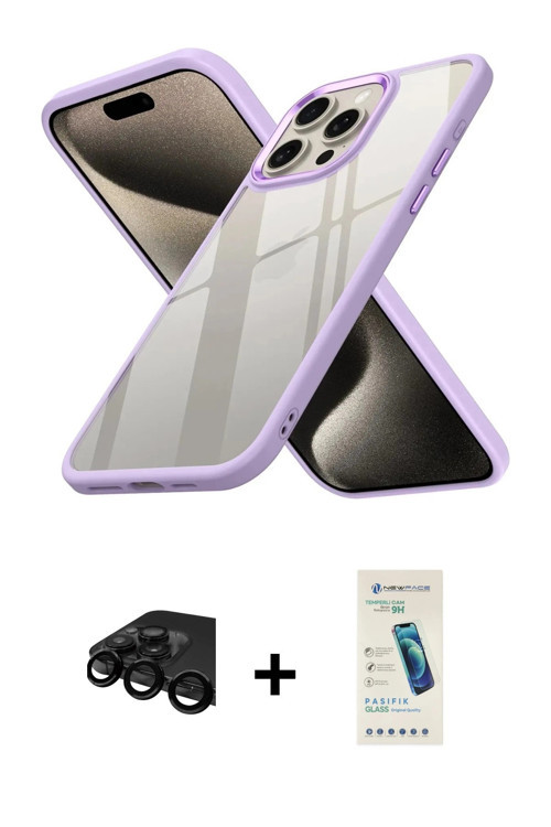 iPhone 15 Pro Max Kılıf Nova Işık Serisi - Şeffaf Pasifik Cam Ekran Koruyucu + Siyah Raze Metal