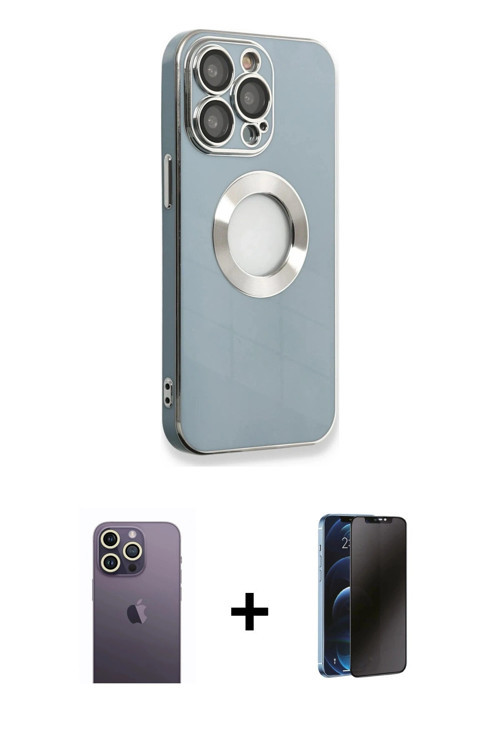 iPhone 13 Pro Max Kılıf İz Form Serisi - Siyah 3D Antistatik Hayalet Cam Ekran Koruyucu + Beyaz