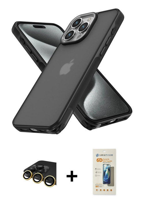 iPhone 13 Pro Max Kılıf Atlas Form - Siyah 6D Mat Seramik Hayalet Nano Ekran Koruyucu + Gold Ra