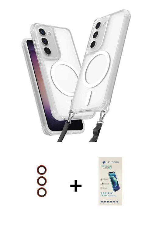 Galaxy S23 Kılıf Atlas Doku Koleksiyonu - Şeffaf Pasifik Cam Ekran Koruyucu + Kırmızı Metal Kam
