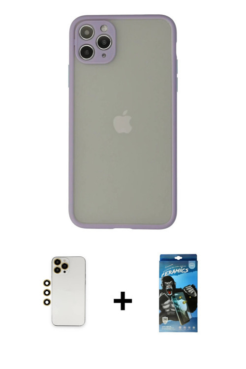 iPhone 12 Pro Max Kılıf Ahenk Çizgi Serisi - Siyah 34D Izgaralı Cam + Gold Shine Kamera Lens