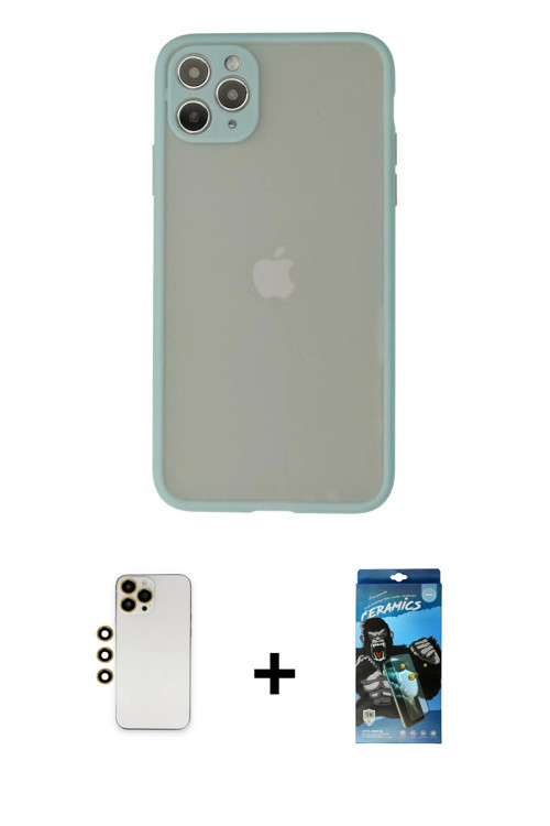 iPhone 12 Pro Max Kılıf Ahenk Çizgi Serisi - Siyah 34D Izgaralı Cam + Gold Shine Kamera Lens
