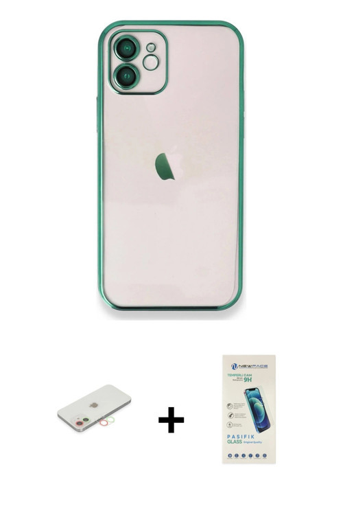 iPhone 12 Kılıf Vadi Minimal - Şeffaf Pasifik Cam Ekran Koruyucu + Yeşil Renkli Kamera Lens Kor