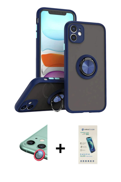 iPhone 11 Kılıf Yörünge Çizgi - Şeffaf Pasifik Cam Ekran Koruyucu + Kırmızı Raze Metal Kamera L
