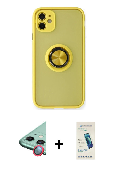 iPhone 11 Kılıf Yörünge Çizgi - Şeffaf Pasifik Cam Ekran Koruyucu + Kırmızı Raze Metal Kamera L