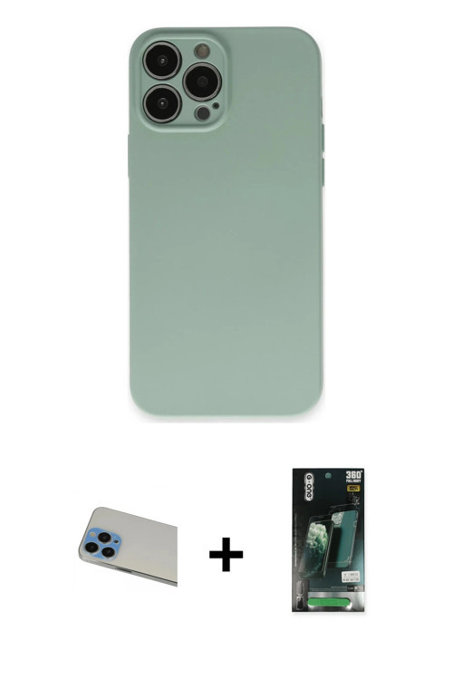 iPhone 13 Pro Max Kılıf Ahenk Serisi - Şeffaf 360 Full Body Arka Koruyucu + Mavi Rainbow Kamera
