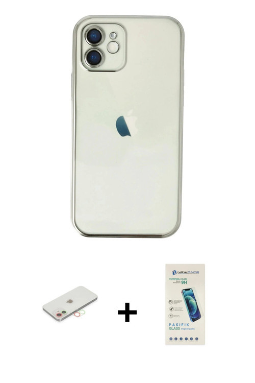 iPhone 12 Kılıf Vadi Minimal - Şeffaf Pasifik Cam Ekran Koruyucu + Yeşil Renkli Kamera Lens Kor