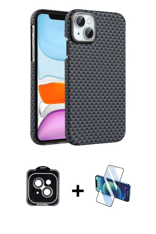 iPhone 14 Kılıf Doruk Serisi - Siyah 3D Antistatik Cam Ekran Koruyucu + Yeşil PVD Metal Kamera