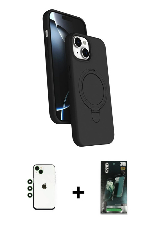 iPhone 14 Kılıf İz Işık Koleksiyonu - Şeffaf 360 Full Body Arka Koruyucu + Yeşil Shine Kamera L