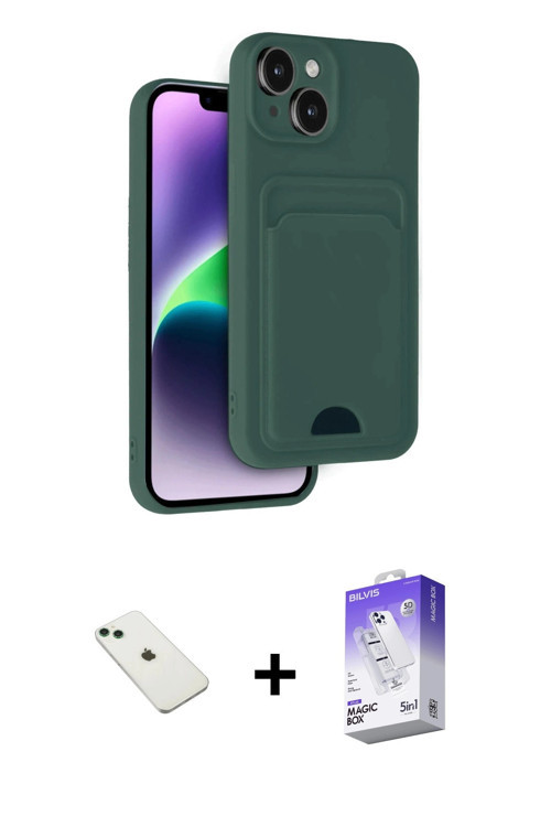 iPhone 14 Kılıf Vadi Çizgi Prime - Siyah Bilvis 5in1 3D Magic Cam Ekran Koruyucu + Yeşil Diamon