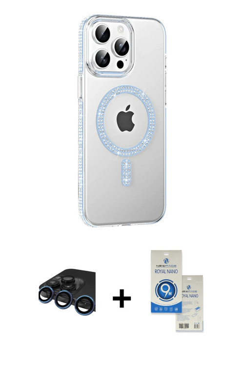 ieg™ iPhone 15 Pro Kılıf Yörünge Koleksiyonu - Şeffaf Royal Nano Ekran Koruyucu + Lacivert Raze Meta