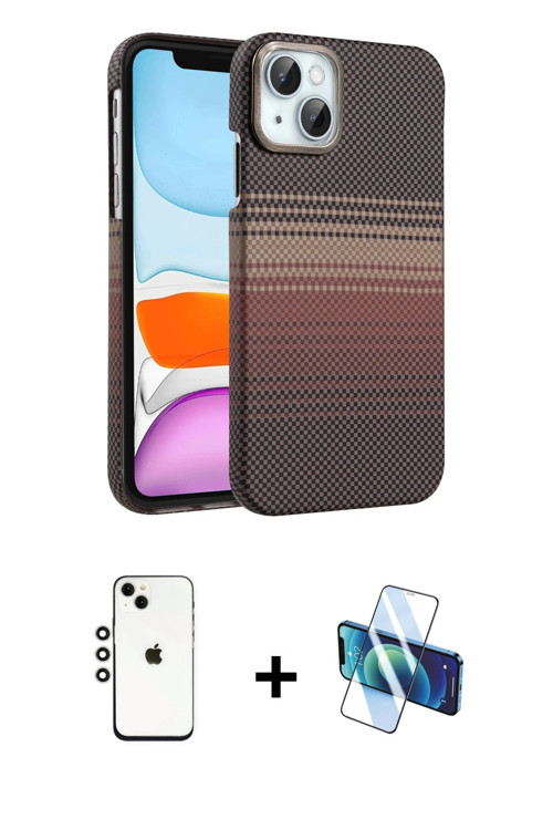 iPhone 14 Kılıf Doruk Serisi - Siyah 3D Antistatik Cam Ekran Koruyucu + Gümüş Shine Kamera Lens