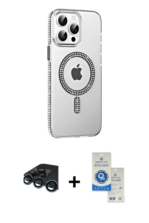 ieg™ iPhone 15 Pro Kılıf Yörünge Koleksiyonu - Şeffaf Royal Nano Ekran Koruyucu + Lacivert Raze Meta