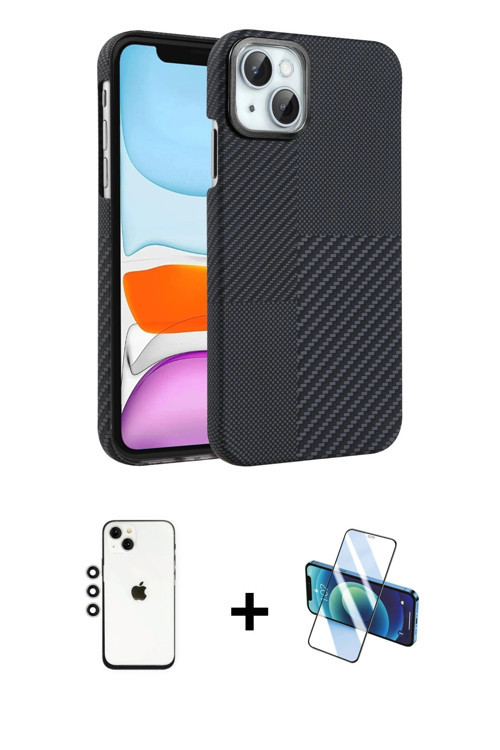 iPhone 14 Kılıf Doruk Serisi - Siyah 3D Antistatik Cam Ekran Koruyucu + Gümüş Shine Kamera Lens