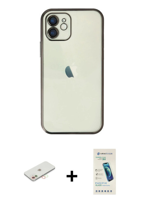 iPhone 12 Kılıf Vadi Minimal - Şeffaf Pasifik Cam Ekran Koruyucu + Yeşil Renkli Kamera Lens Kor