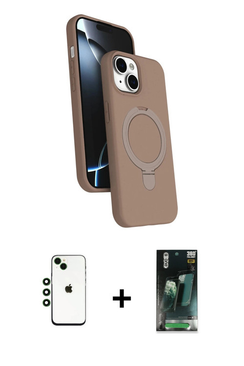 iPhone 14 Kılıf İz Işık Koleksiyonu - Şeffaf 360 Full Body Arka Koruyucu + Yeşil Shine Kamera L