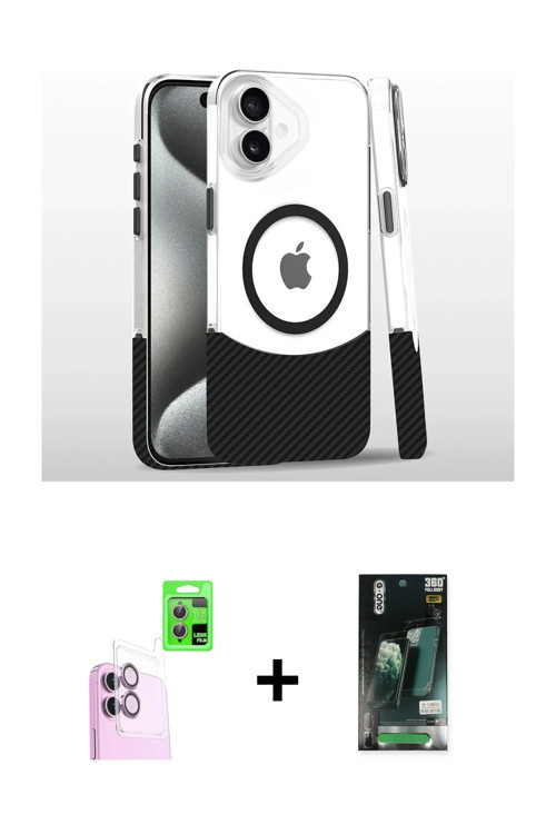 iPhone 16 Kılıf İz Asil Prime - Siyah 360 Mat Full Body Arka Koruyucu + Pembe Raze Metal Kamera