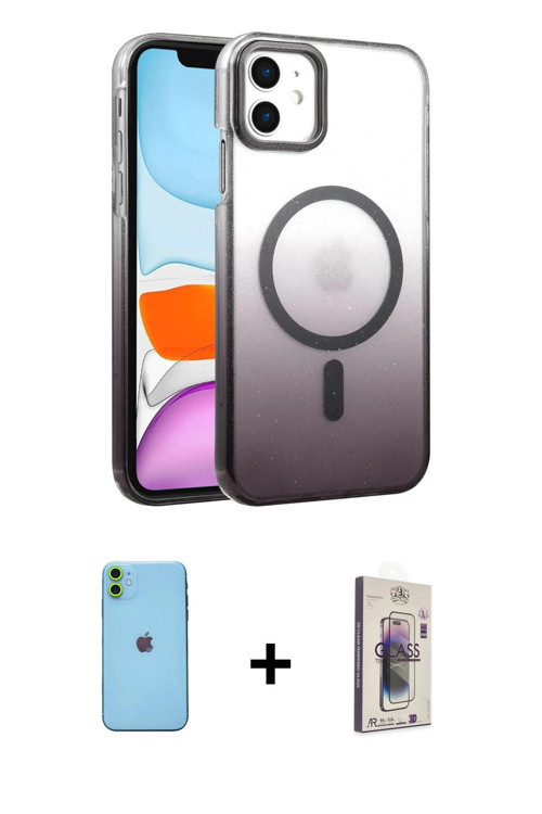 iPhone 11 Kılıf Ahenk Doku Özel Seri - Siyah Bilvis 3D Cam Ekran Koruyucu + Yeşil Neon Fosforlu