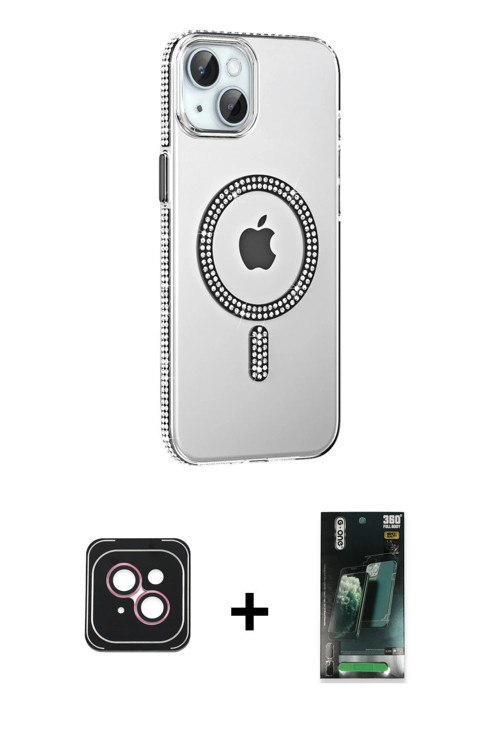 ieg™ iPhone 14 Kılıf Yörünge Koleksiyonu - Şeffaf 360 Full Body Arka Koruyucu + Pembe PVD Metal Kame
