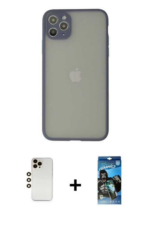 iPhone 12 Pro Max Kılıf Ahenk Çizgi Serisi - Siyah 34D Izgaralı Cam + Gold Shine Kamera Lens