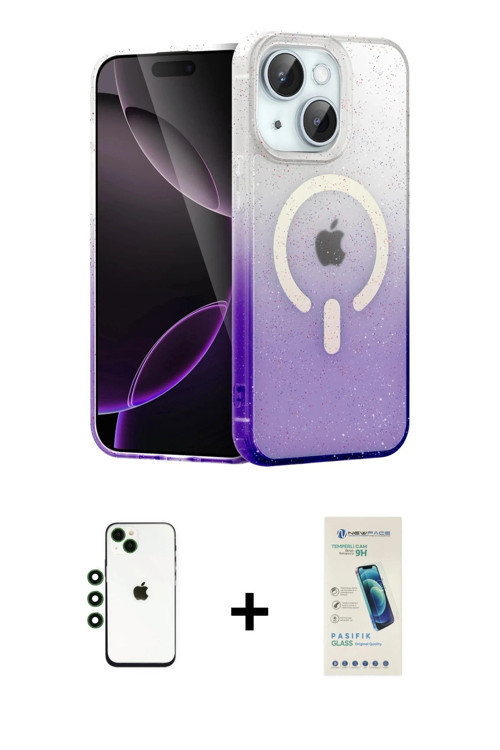 ieg™ iPhone 14 Kılıf Eksen Minimal Özel Seri - Şeffaf Pasifik Cam Ekran Koruyucu + Yeşil Shine Kamer