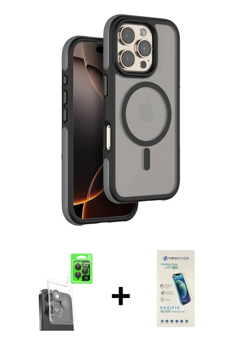 iPhone 16 Pro Max Kılıf Çekirdek Minimal Prime - Şeffaf Pasifik Cam Ekran Koruyucu + Siyah Raze