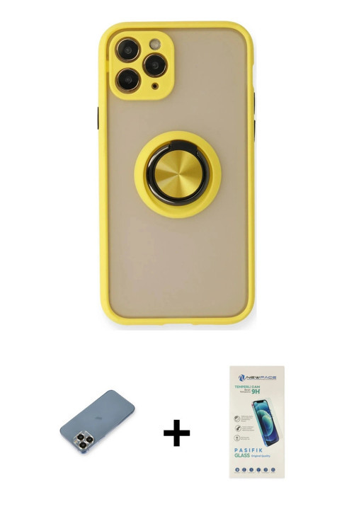 iPhone 11 Pro Max Kılıf Yörünge Çizgi - Şeffaf Pasifik Cam Ekran Koruyucu + Gold Metal Kamera L
