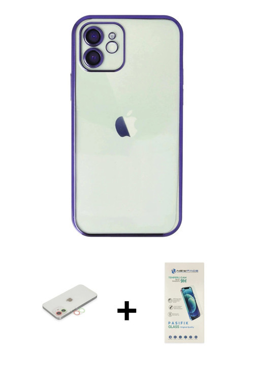 iPhone 12 Kılıf Vadi Minimal - Şeffaf Pasifik Cam Ekran Koruyucu + Yeşil Renkli Kamera Lens Kor
