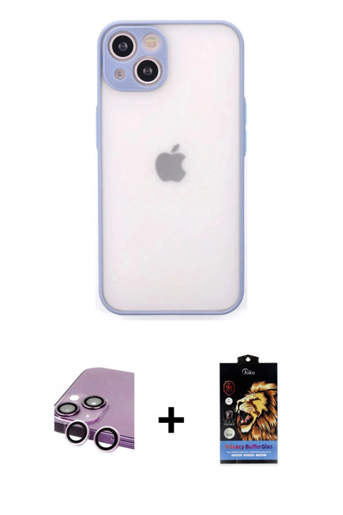 ieg™ iPhone 14 Kılıf Ahenk Çizgi Serisi - Siyah Buffer Hayalet Cam Ekran Koruyucu + Mor Raze Metal K