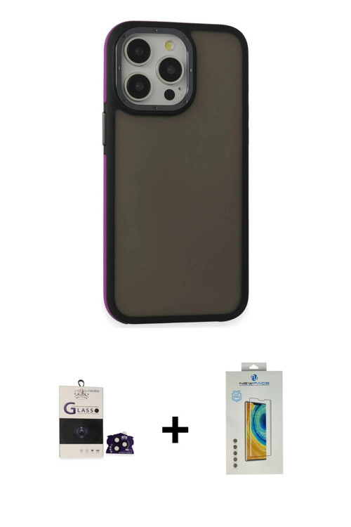 ieg™ iPhone 14 Pro Max Kılıf Eksen Işık - Siyah Polymer Nano Ekran Koruyucu + Siyah Bilvis Titan Kam