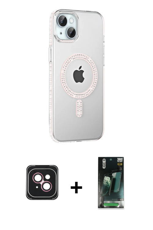 ieg™ iPhone 14 Kılıf Yörünge Koleksiyonu - Şeffaf 360 Full Body Arka Koruyucu + Pembe PVD Metal Kame