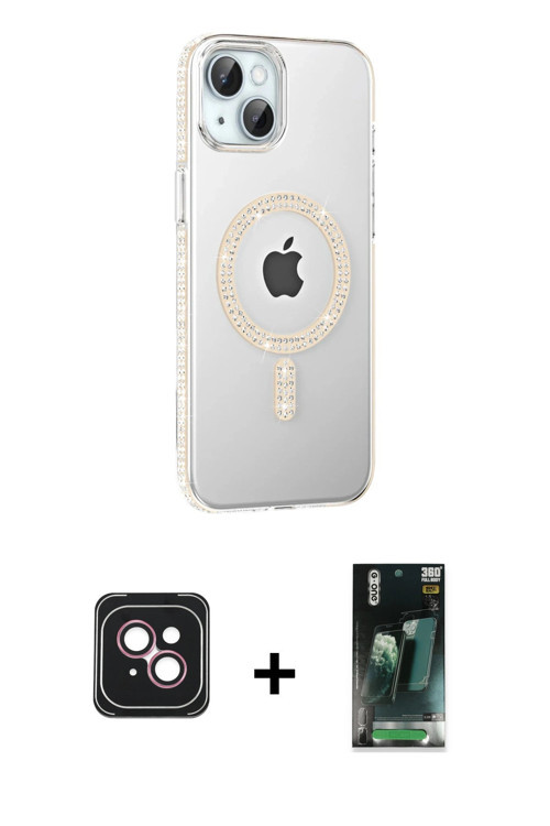 ieg™ iPhone 14 Kılıf Yörünge Koleksiyonu - Şeffaf 360 Full Body Arka Koruyucu + Pembe PVD Metal Kame