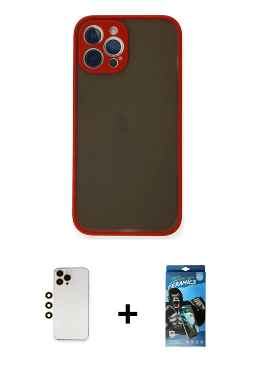 iPhone 12 Pro Max Kılıf Ahenk Çizgi Serisi - Siyah 34D Izgaralı Cam + Gold Shine Kamera Lens