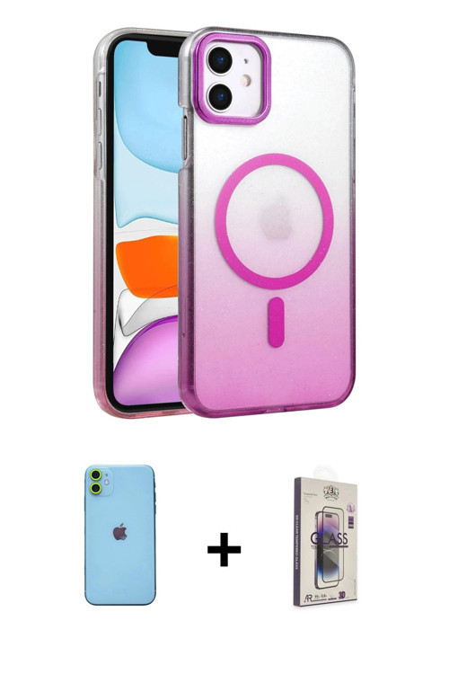 iPhone 11 Kılıf Ahenk Doku Özel Seri - Siyah Bilvis 3D Cam Ekran Koruyucu + Yeşil Neon Fosforlu