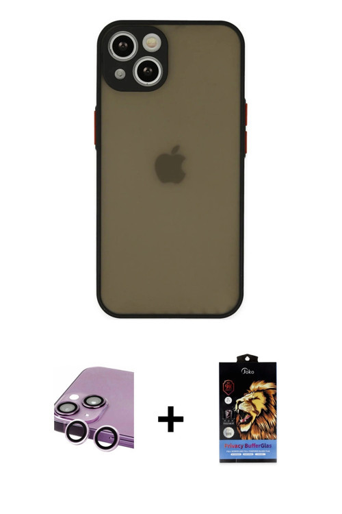 ieg™ iPhone 14 Kılıf Ahenk Çizgi Serisi - Siyah Buffer Hayalet Cam Ekran Koruyucu + Mor Raze Metal K