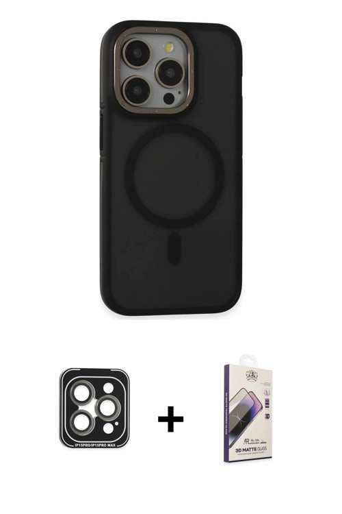 ieg™ iPhone 15 Pro Max Kılıf Ahenk Form Serisi - Siyah Bilvis 3D Mat Cam Ekran Koruyucu + Gri PVD Me