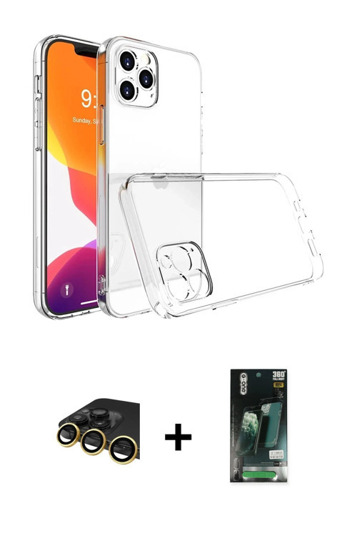 ieg™ iPhone 13 Pro Max Kılıf Zirve Doku - Şeffaf 360 Full Body Arka Koruyucu + Gold Raze Metal Kamer