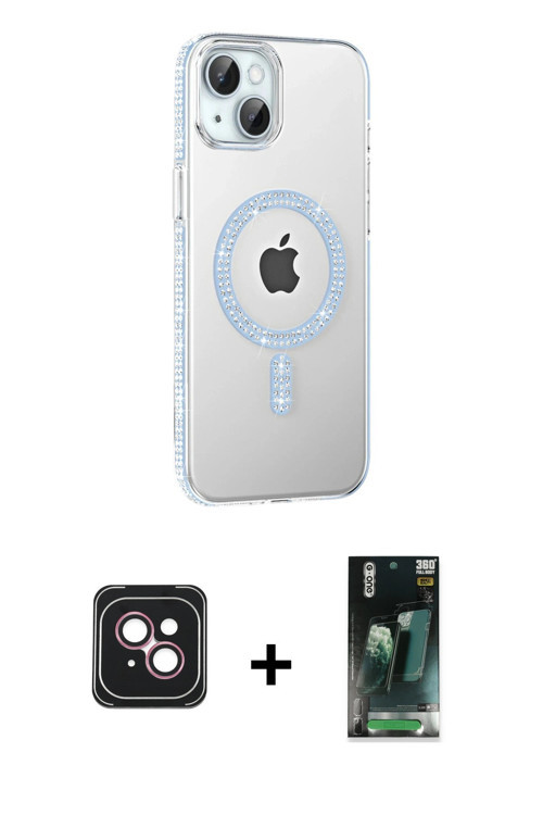 ieg™ iPhone 14 Kılıf Yörünge Koleksiyonu - Şeffaf 360 Full Body Arka Koruyucu + Pembe PVD Metal Kame