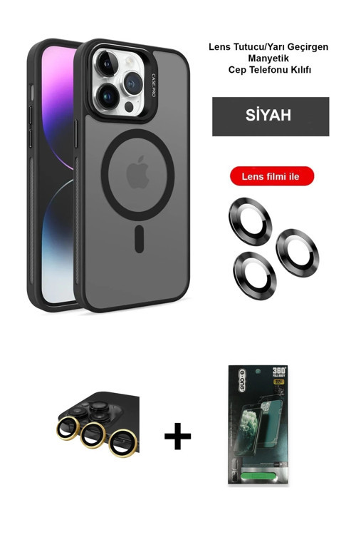 ieg™ iPhone 14 Pro Kılıf Akış Form - Siyah 360 Mat Full Body Arka Koruyucu + Gold Raze Metal Kamera