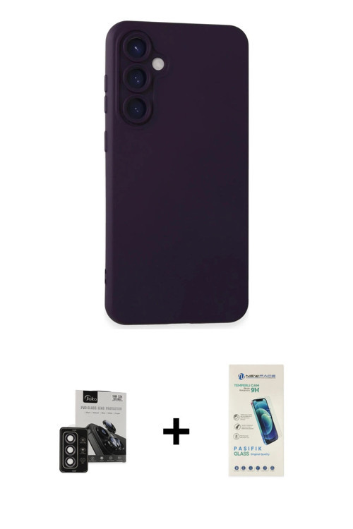 Galaxy S24 Kılıf Ahenk Serisi - Şeffaf Pasifik Cam Ekran Koruyucu + Derin Mor PVD Metal Kamera