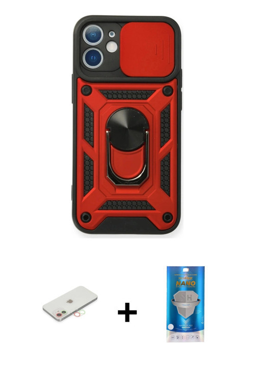 iPhone 12 Mini Kılıf Ahenk Klasik - Şeffaf Royal Nano Ekran Koruyucu + Yeşil Renkli Kamera Lens