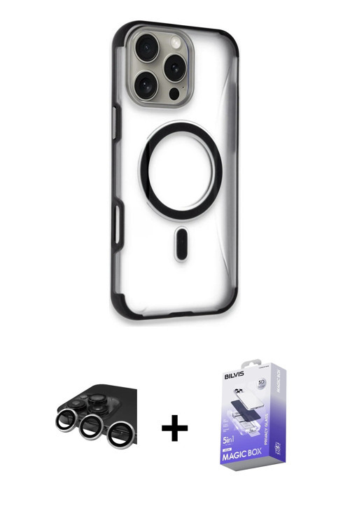 iPhone 14 Pro Max Kılıf Eksen Klasik Koleksiyonu - Siyah Bilvis 5in1 5D Magic Hayalet Cam Ekran