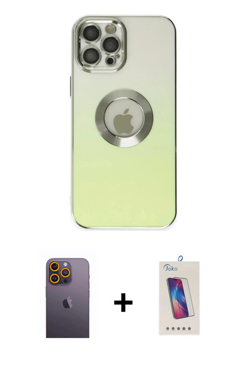 iPhone 12 Pro Max Kılıf Kutup Yansıma Özel Seri - Siyah Joko 5D Cam + Sarı Neon Fosforlu Kamera