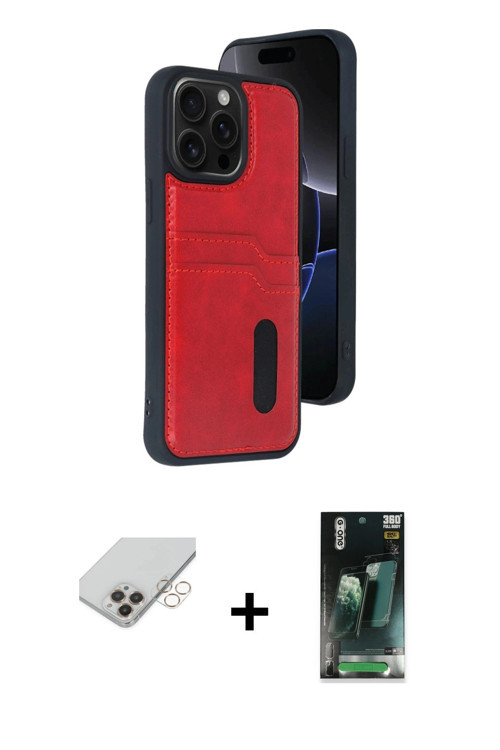 iPhone 14 Pro Max Kılıf Yörünge Işık Serisi - Siyah 360 Mat Full Body Arka Koruyucu + Gold Band