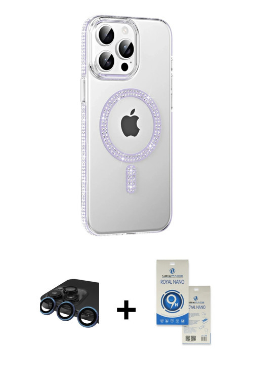 ieg™ iPhone 15 Pro Kılıf Yörünge Koleksiyonu - Şeffaf Royal Nano Ekran Koruyucu + Lacivert Raze Meta